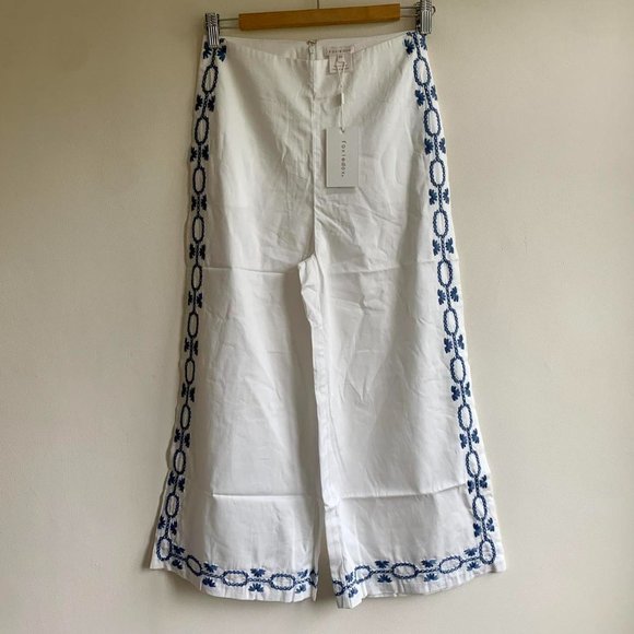 Foxiedox Cotton Crop Wide Leg Trousers Embroidered New White Blue  Size XS & S - Picture 2 of 6